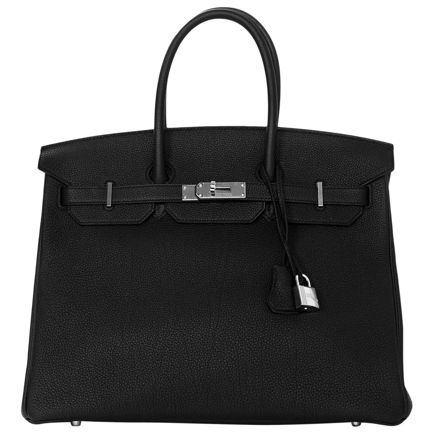 Hermes New 17 Noir Black/Bleu Blue Agate 35cm Togo Leather Birkin Bag w Receipt