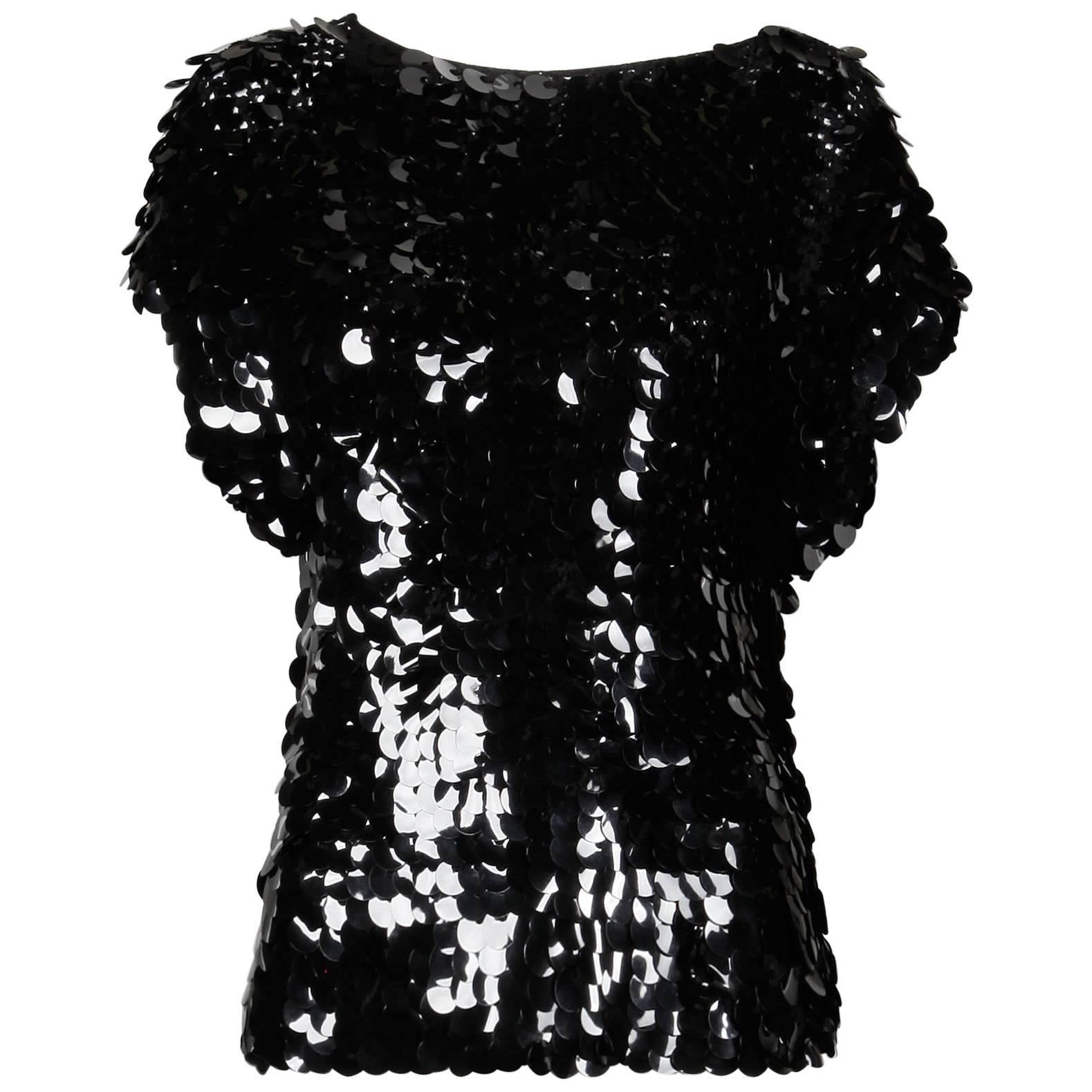 1980s Oscar de la Renta Vintage Black Knit SparklySequin Paillettes Top or Shirt For Sale