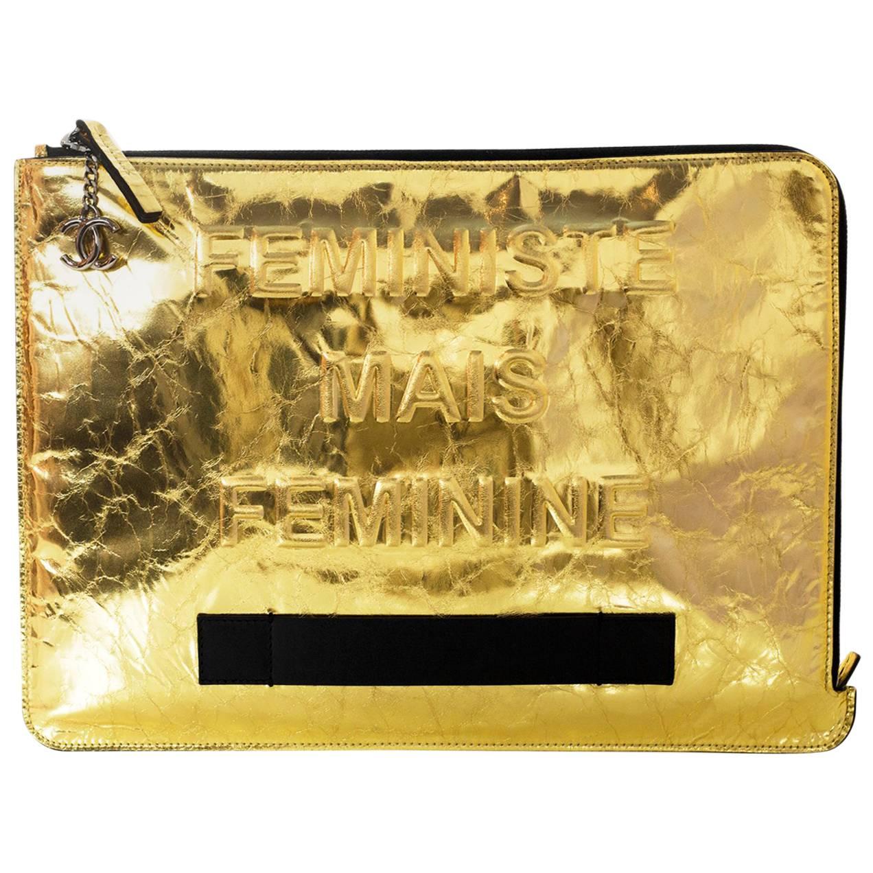 Chanel 2015 Gold Crinkled Leather Large Feminist Mais Feminine Clutch Bag