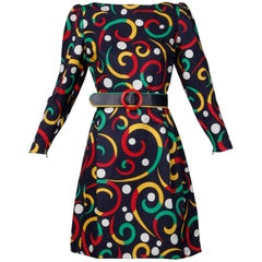 Arnold Scaasi Vestido vintage de mezcla de seda de lunares + estampado de volutas + cinturón de piel