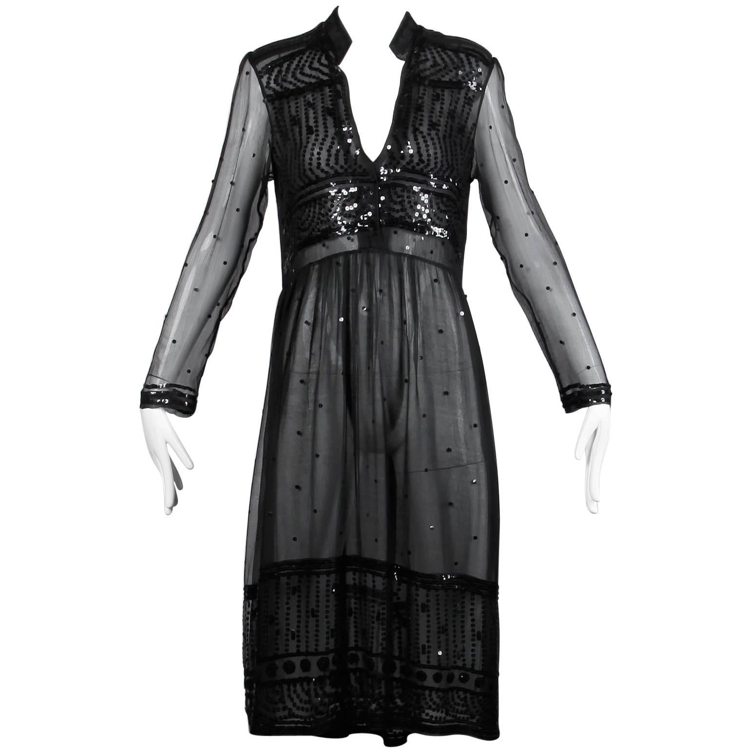Judith Ann pour Heiser-Egan - Robe à sequins en mousseline de soie noire transparente, vintage, années 1970 en vente