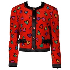 1990s Escada Vintage Red Silk Heart Print Quilted Jacket with Jewel Buttons