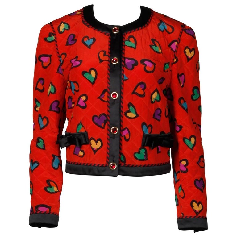 1990s Escada Vintage Red Silk Heart Print Quilted Jacket with Jewel ...