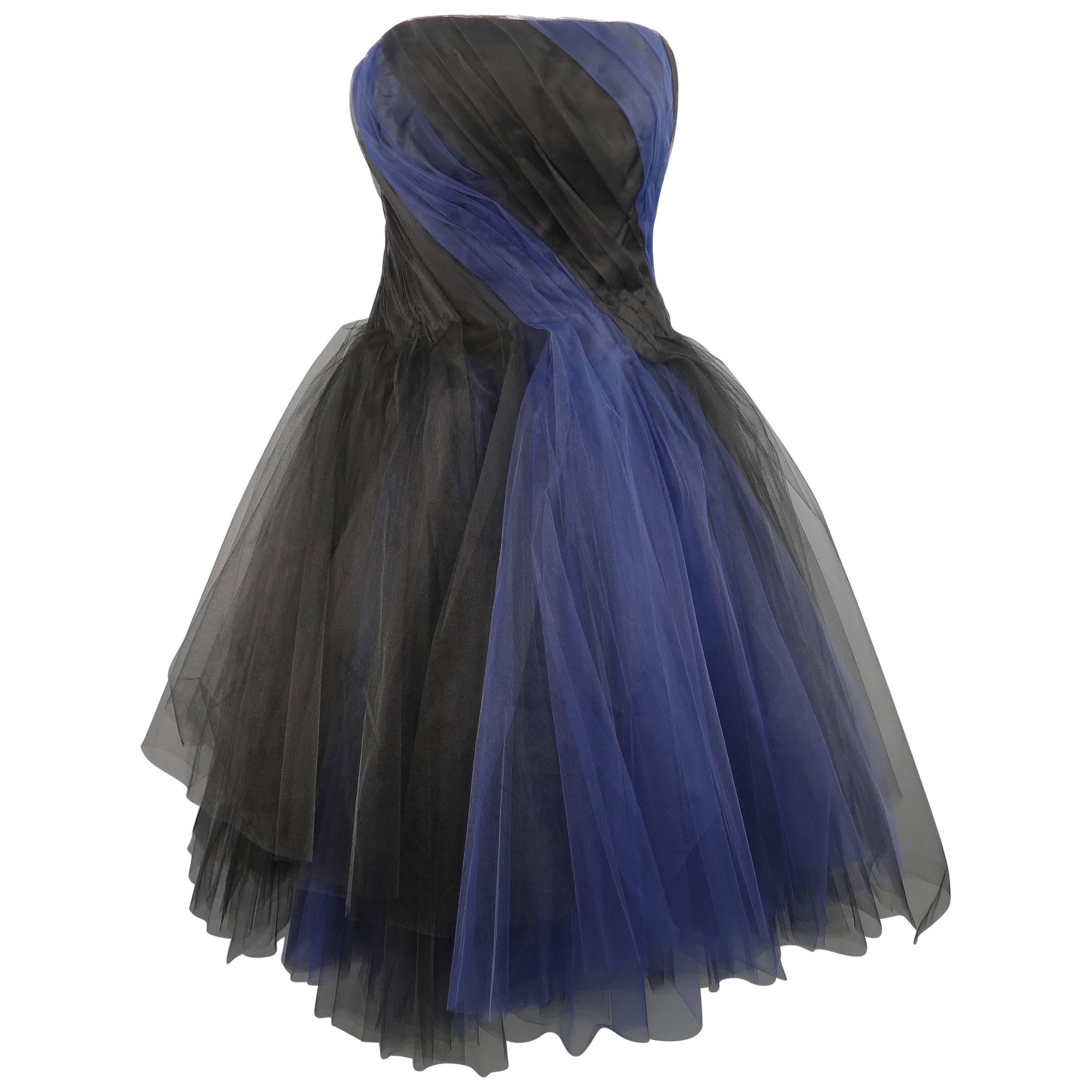 Oscar de la Renta Dress - Black and Blue Tulle Bustier Cocktail 