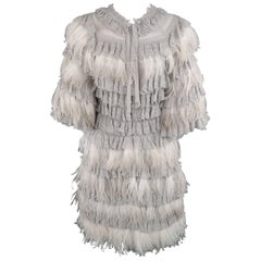 Christian Dior Size 4 Gray Knit Ostrich Feather Ruffle Cocktail Dress