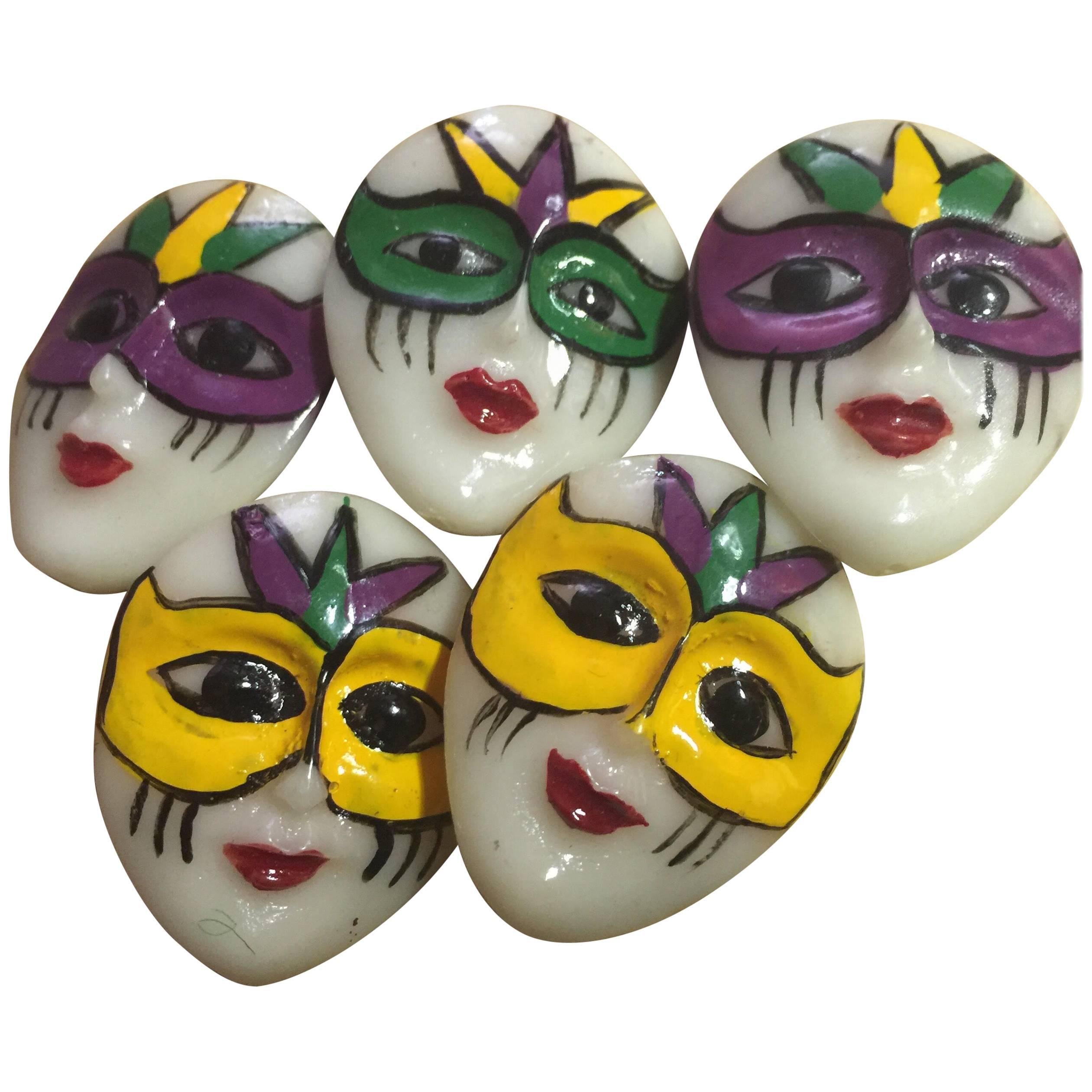 Set of Five (5) Celluloid Coat Buttons 3-D Pierrot Face French For Sale