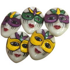 Antique Set of Five (5) Celluloid Coat Buttons 3-D Pierrot Face French