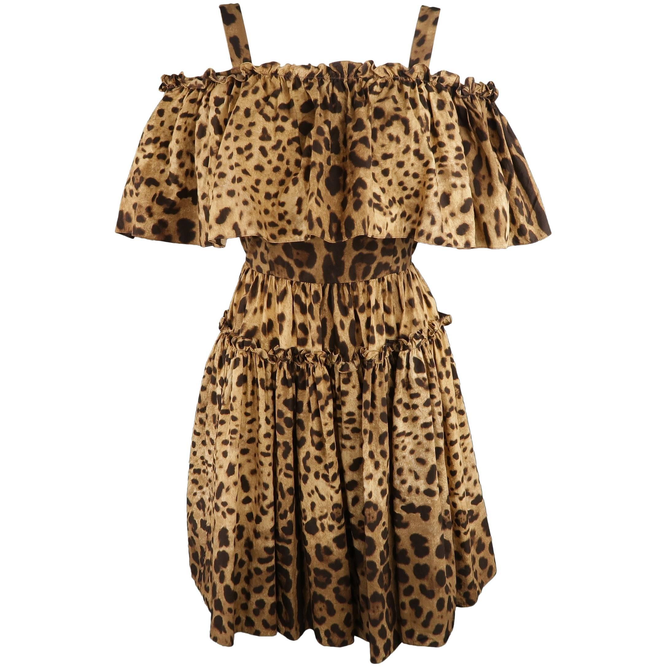 DOLCE & GABBANA Size 6 Tan Leopard Cotton Off The Shoulder Ruffle Dress