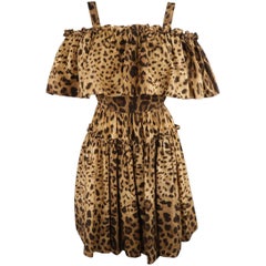 DOLCE & GABBANA Size 6 Tan Leopard Cotton Off The Shoulder Ruffle Dress