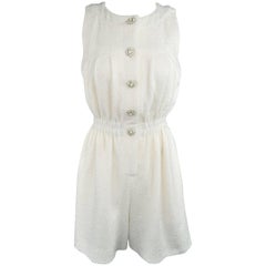 Chanel Size 2 Off White Boucle Textured Flower Button Short Romper