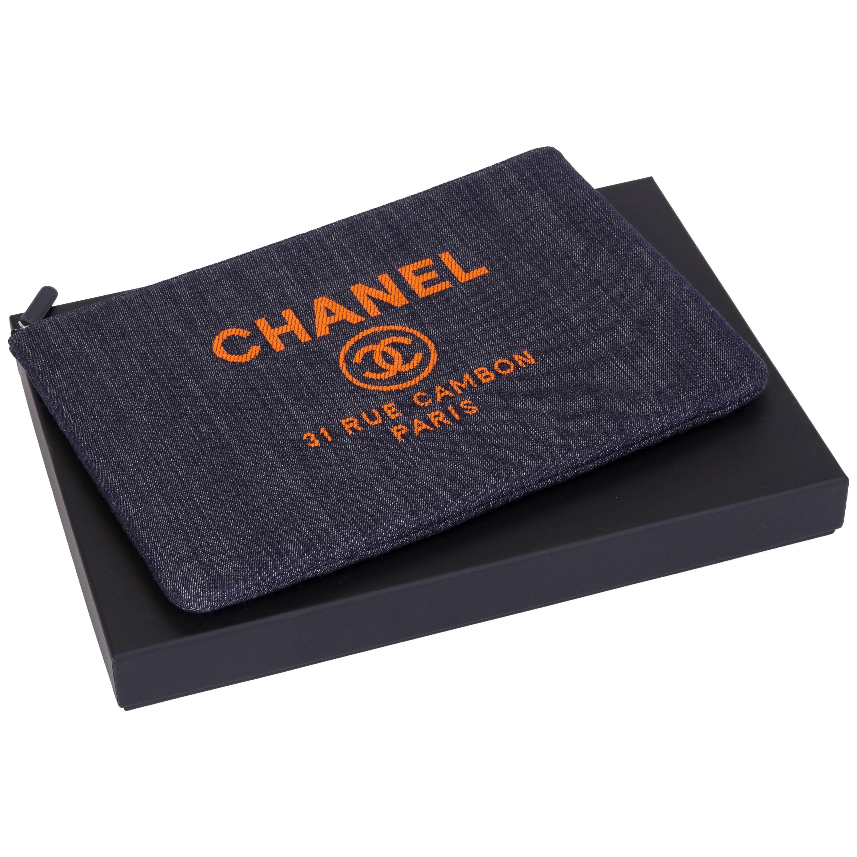 New Chanel Large Denim/Orange Clutch  For Sale