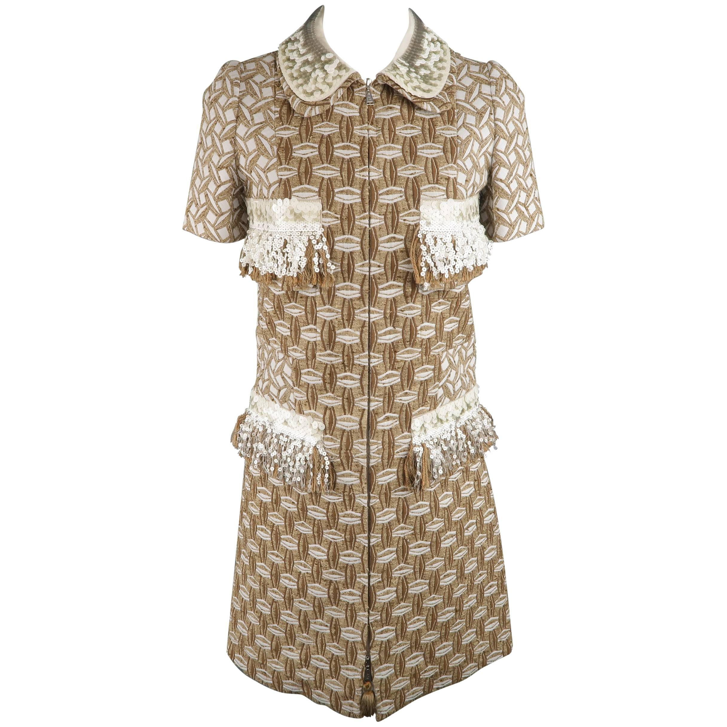 Louis Vuitton Dress 4  - Cocktail - Tan Cotton / Silk Boucle Sequin Fringe Trim