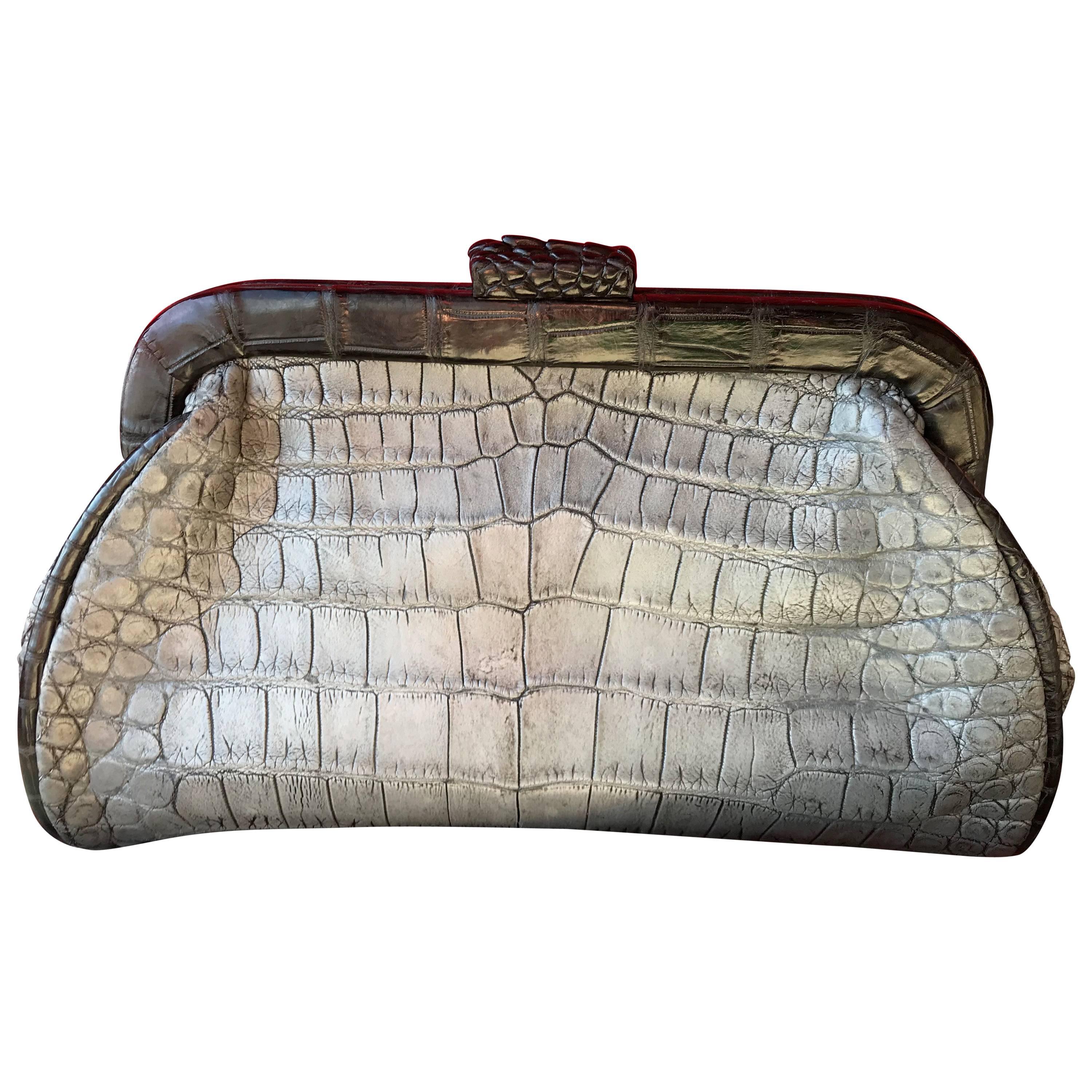 Ana Switzerland Crocodile Grey Clutch 9 inches frame.  For Sale