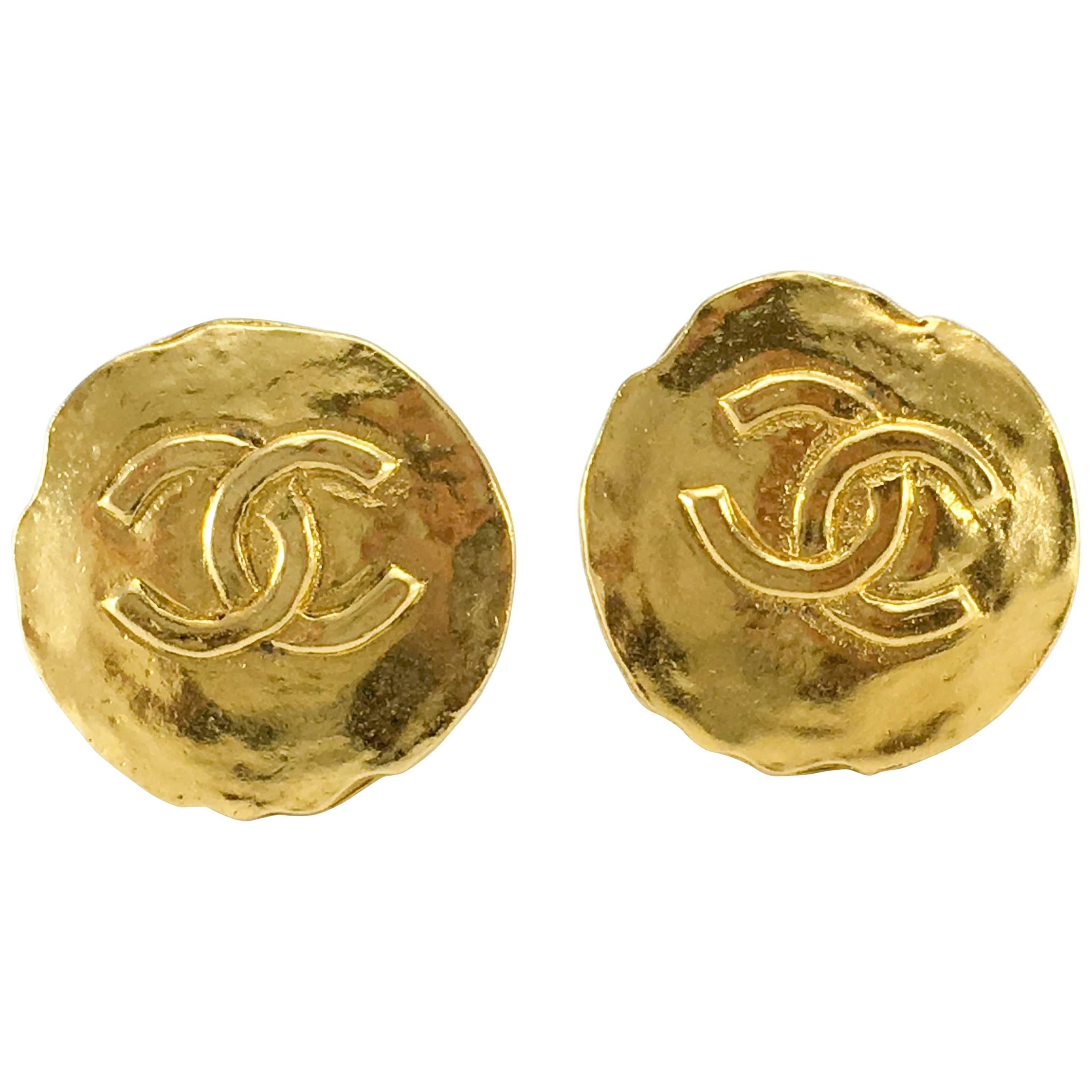 1970's Chanel Gold-Plated Logo Coin Earrings 