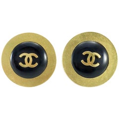 1994 Chanel Gilt Metal and Black Resin Round Logo Earrings