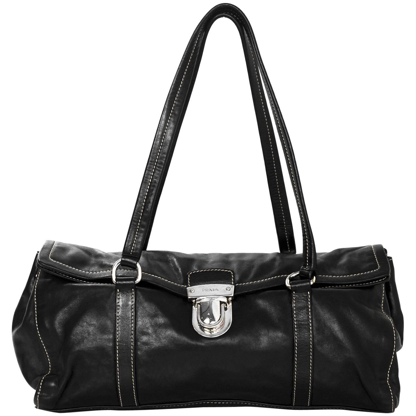 Prada Black Leather Push Lock Shoulder Bag