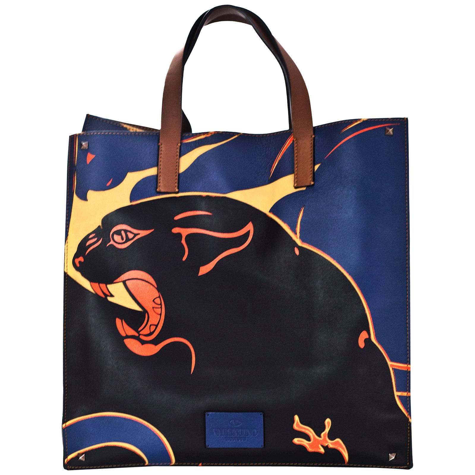 Valentino Navy Leather & Canvas Panther Print Tote Bag