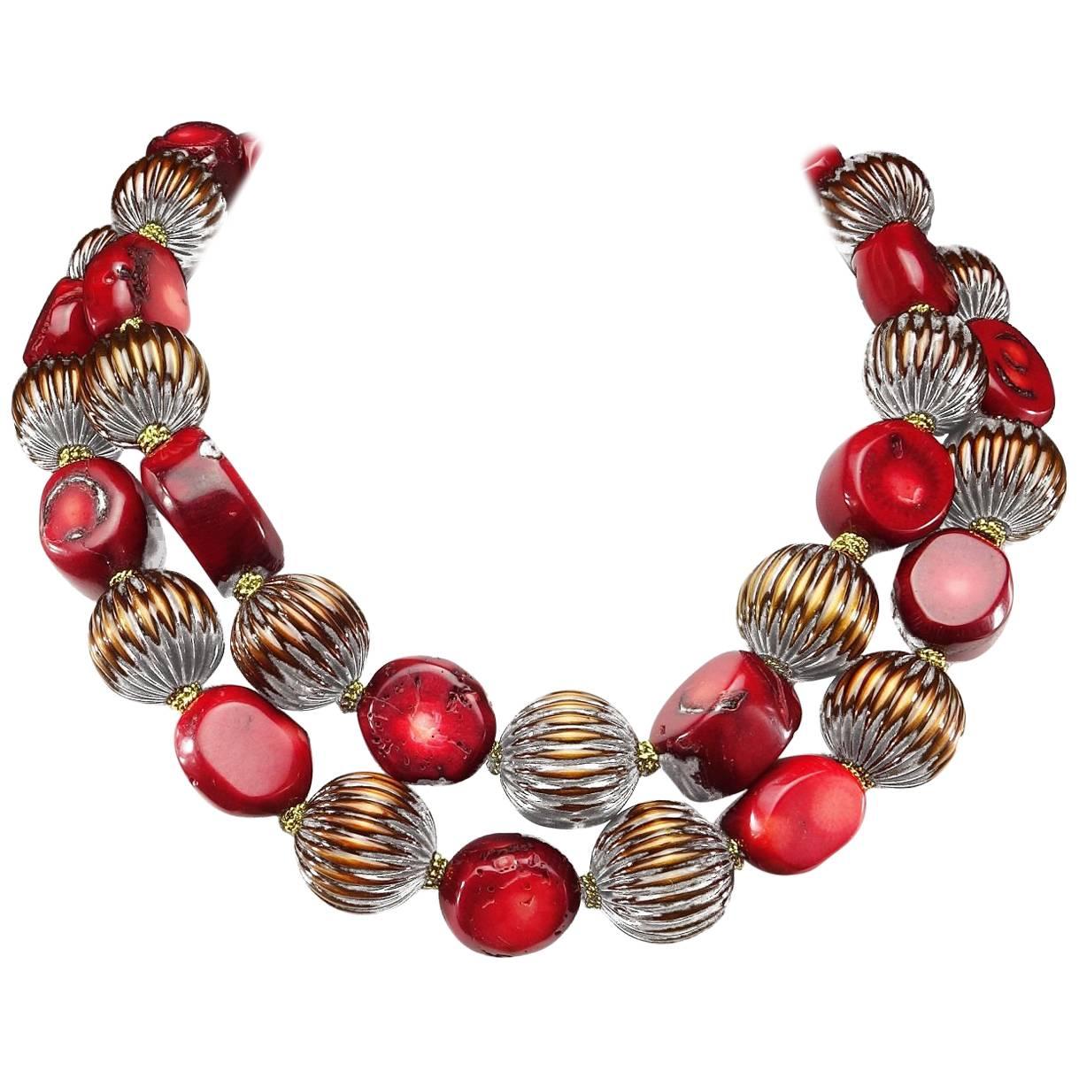 AJD 17 Inch Double Strand Deep Red Coral and Bronze Bead Choker Necklace