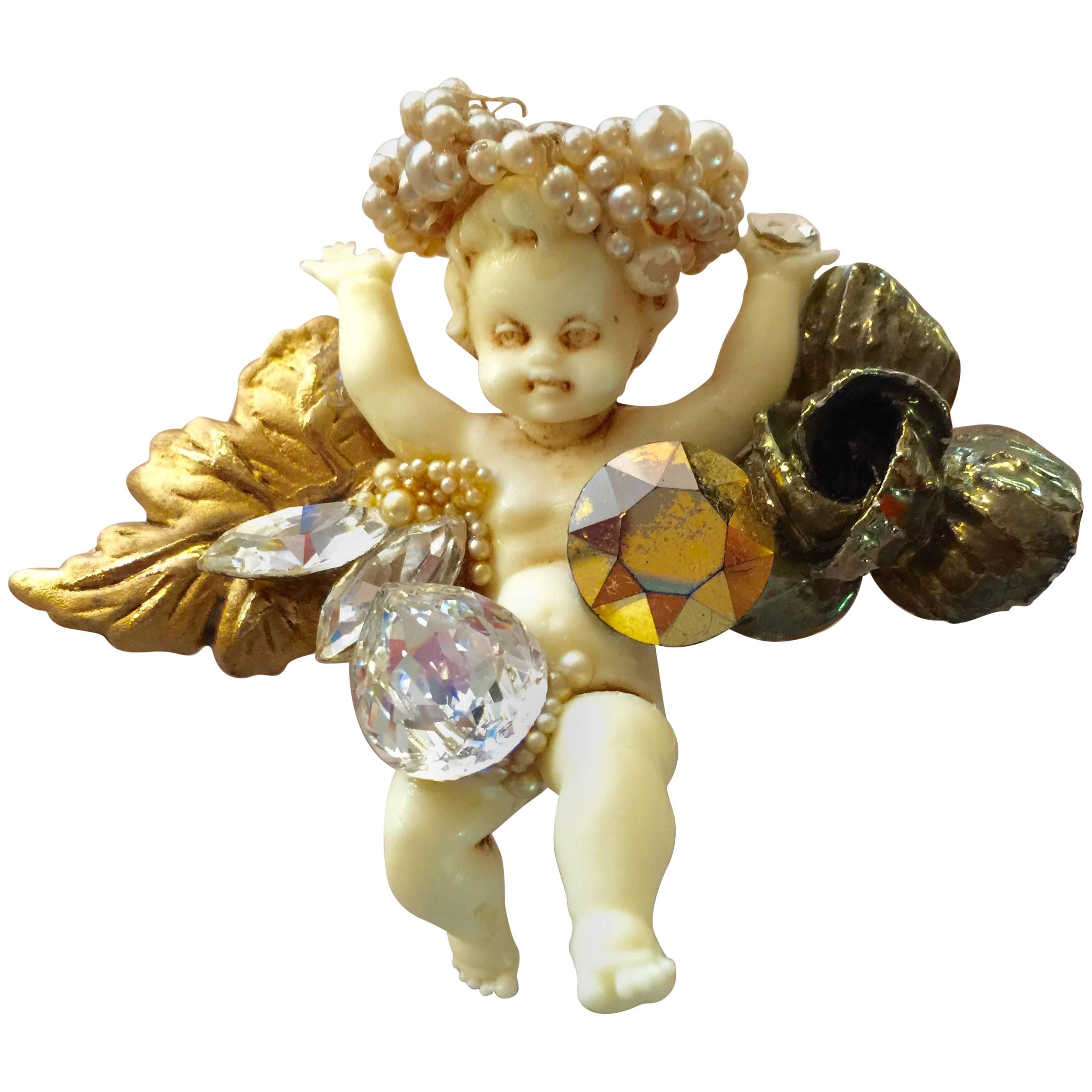 1980s WENDY GELL Angel Pearl Encrusted Putti Brooch Pin For Sale