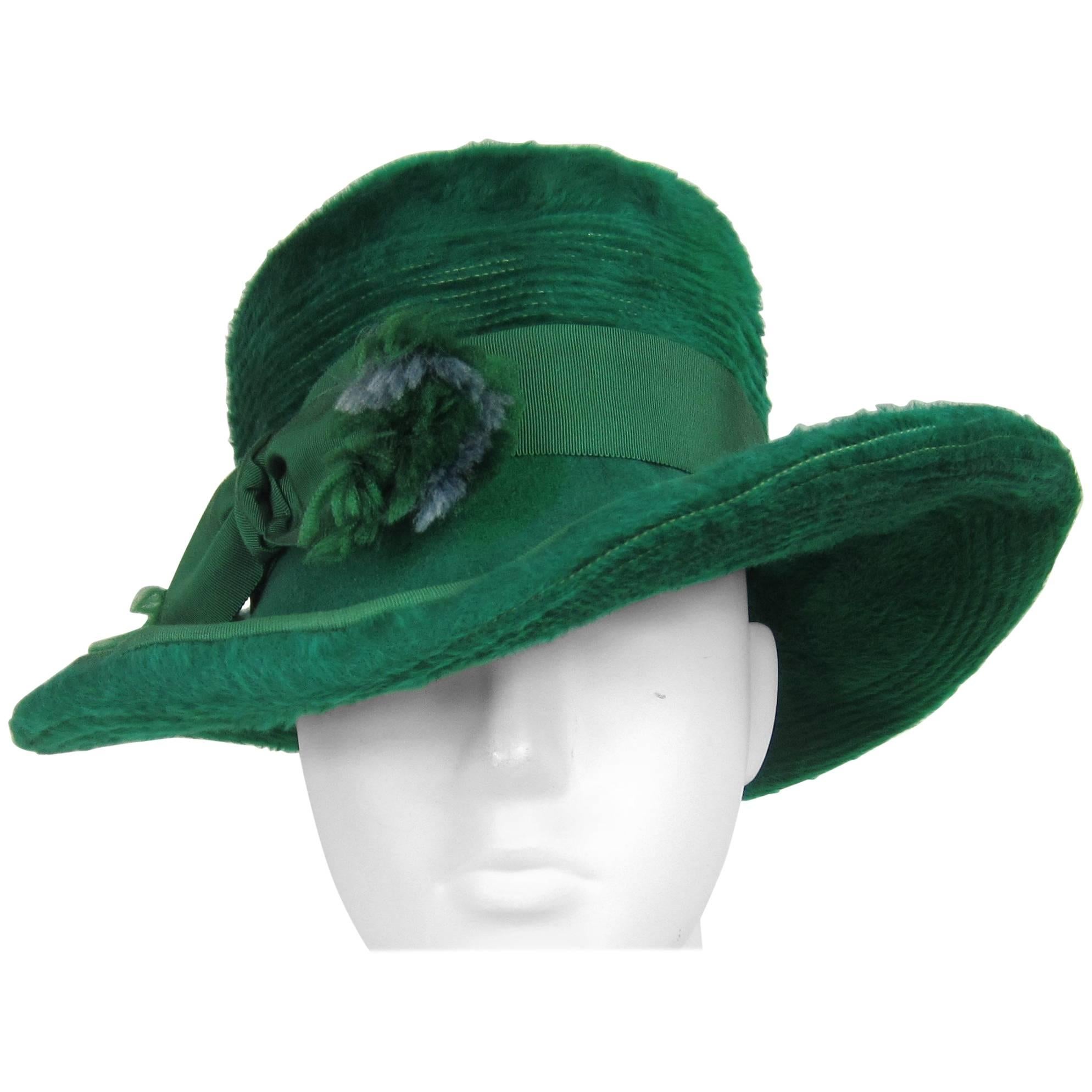 Vintage 1970s Christian Dior Green Wide Brim Fedora Hat 