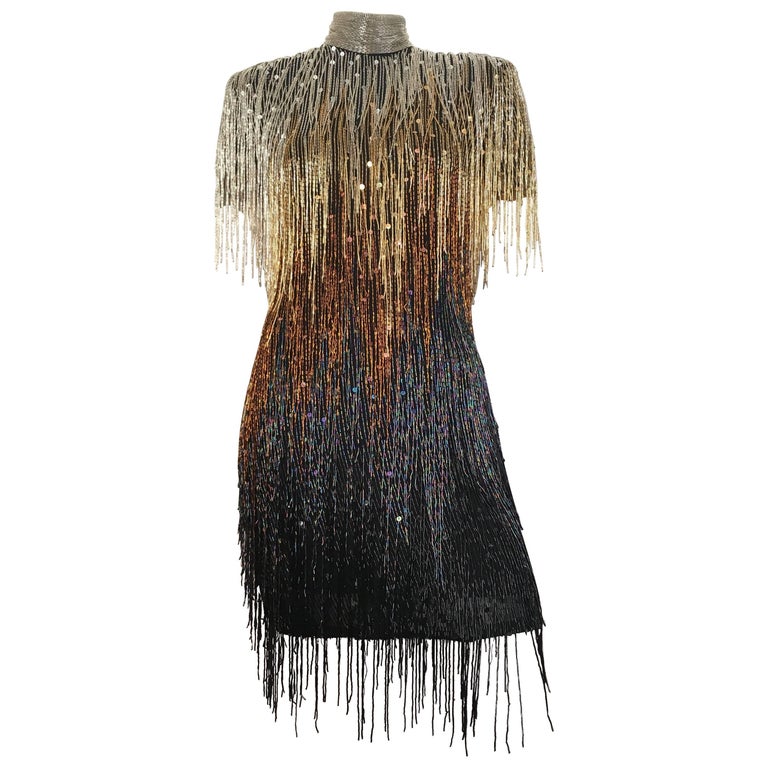 Naeem Khan Riazee Flapper Fringed Beaded Sequin Evening Cocktail Dress Size  6. at 1stDibs | naeem khan gatsby dress, naeem khan fringe dress, flapper fringe  dress