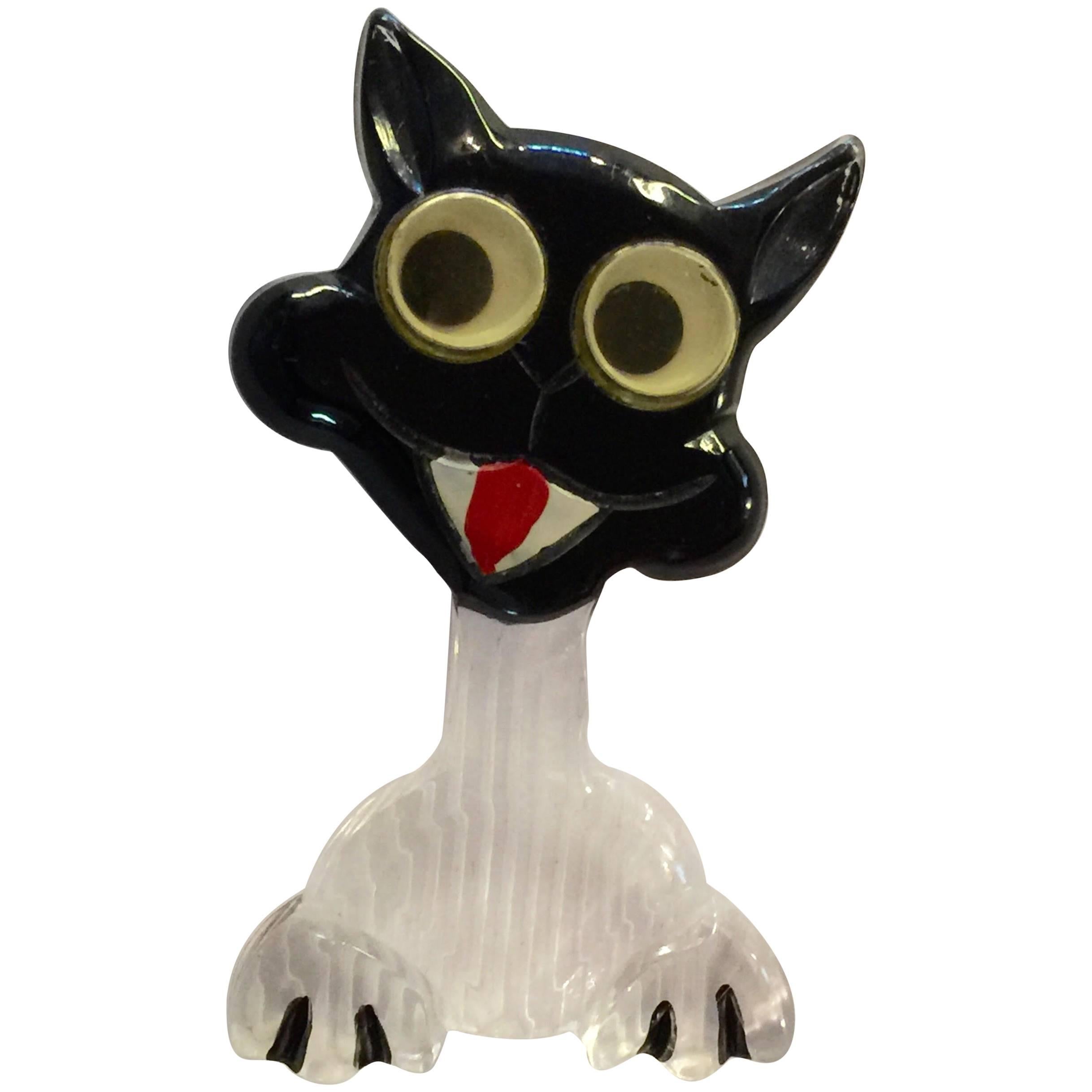1940s Acrylic LUCITE Googly Eyed Cat Pin Brooch For Sale