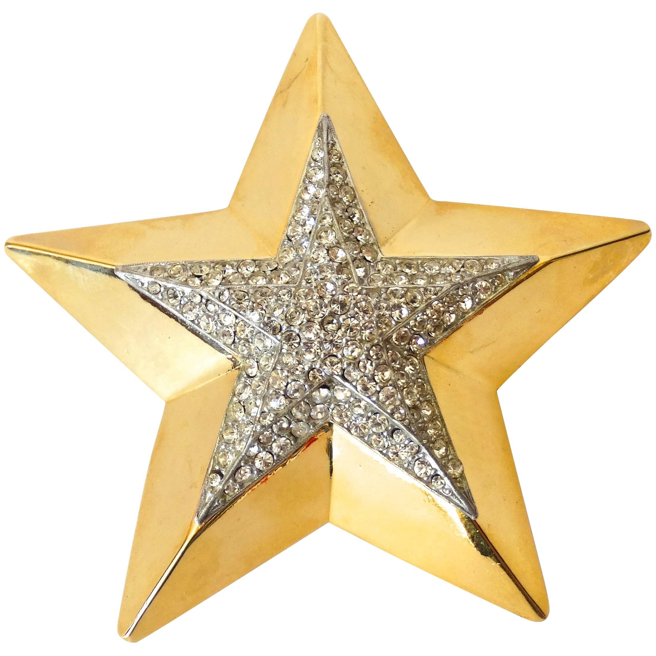 1980s Gold Star Rhinestone Brooch
