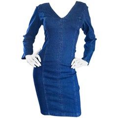 1990s Blue Jean Denim Long Sleeve Bodycon Form Fitting 90s Vintage Dress