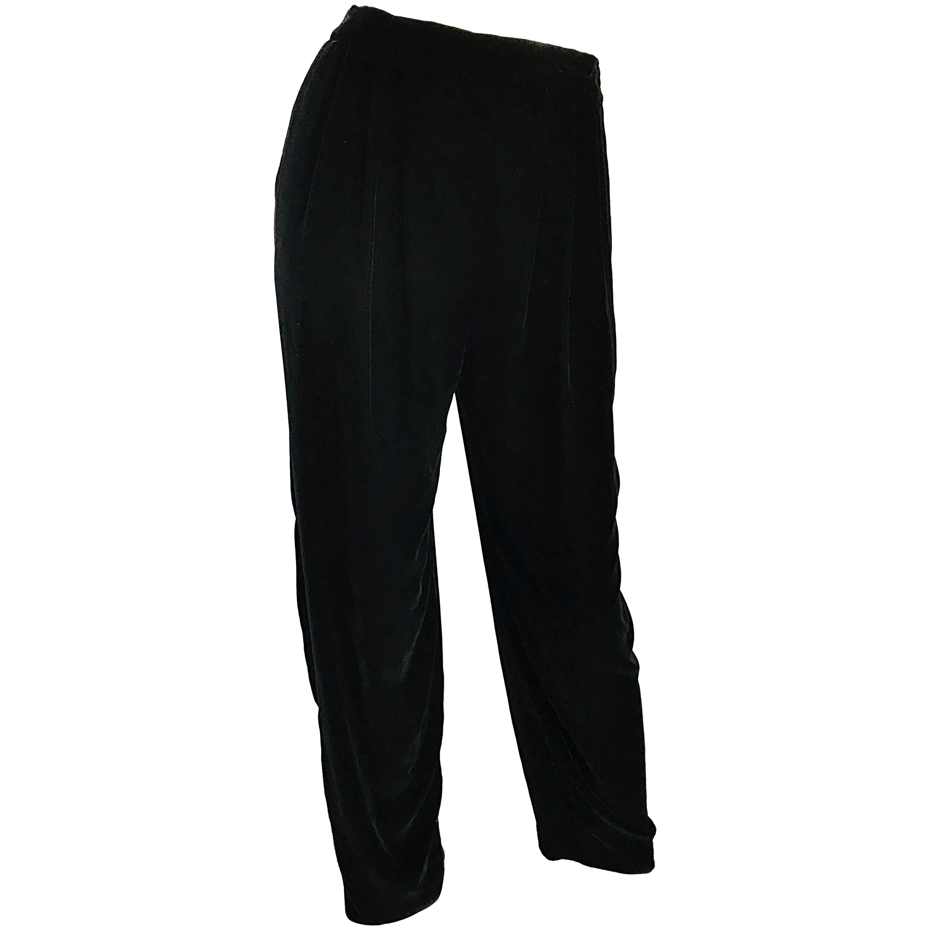 1990s Christian Dior Size 10 / 12 Black Silk Velvet Vintage Straight Leg Pants For Sale