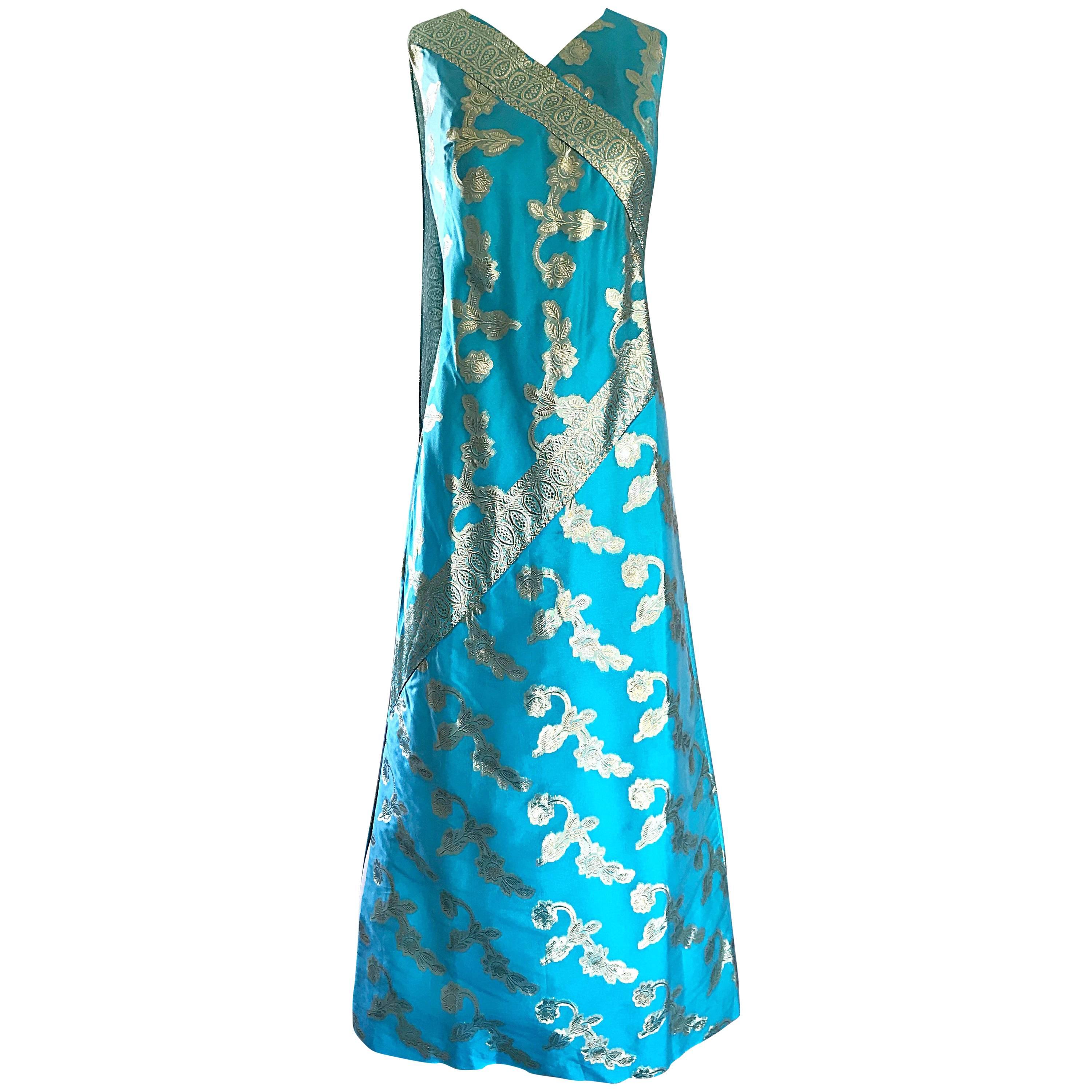1960s Waltah Clarke's Turquoise Blue and Gold Vintage 60s Silk Maxi Dress For Sale