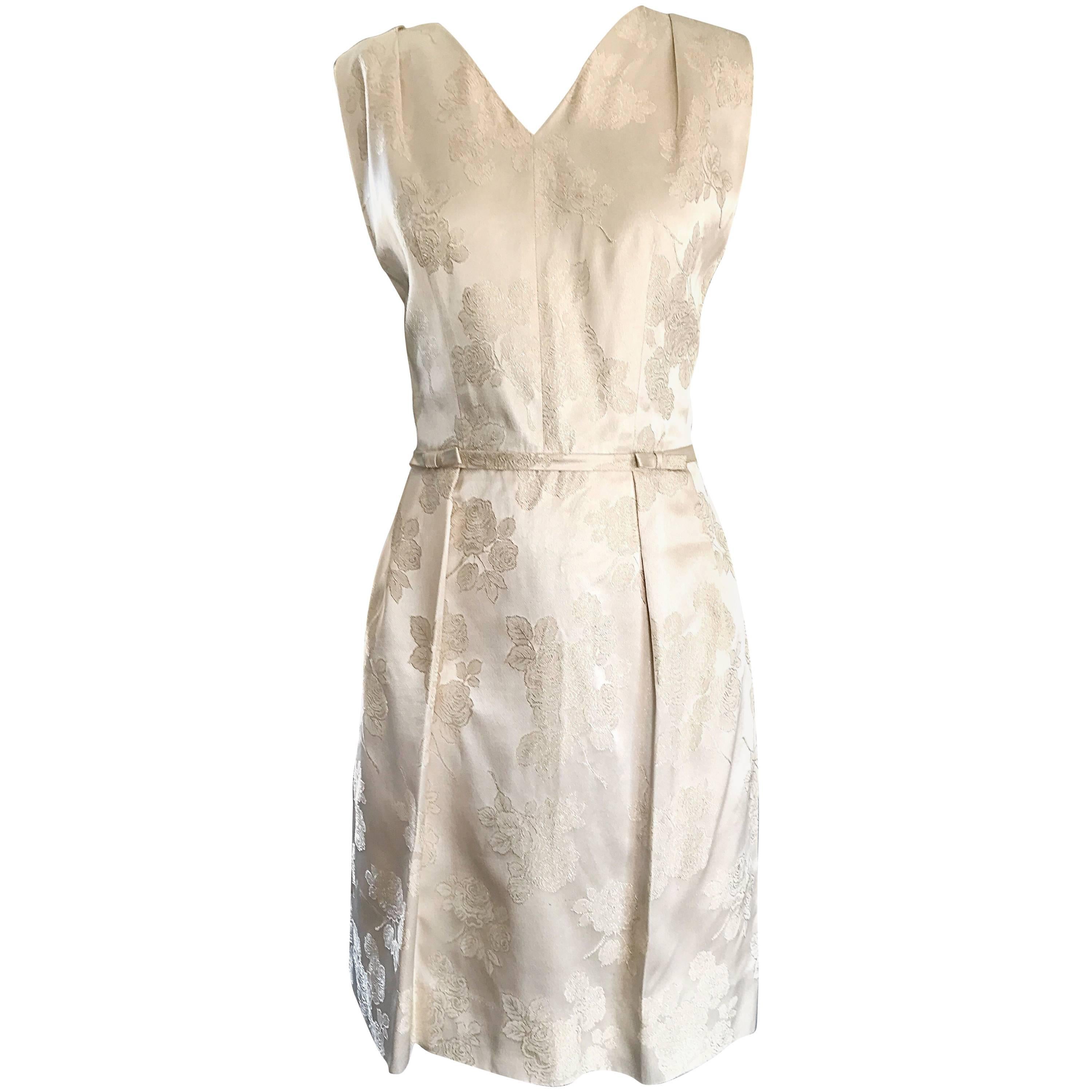 1960s R & K Originals Ivory Off White Silk Jacquard Sleeveless Cocktail Dress 60