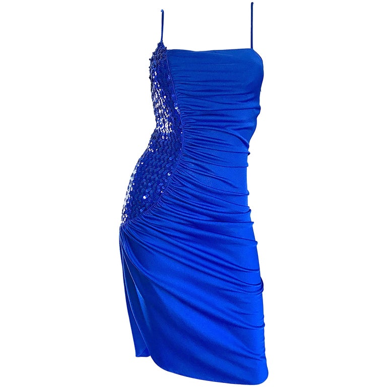 1980s Samir Royal Blue Jersey + Sequins Sexy Slinky Vintage 80s Disco Dress  For Sale at 1stDibs | blue 80s dress, 80s blue dress, 1980s blue