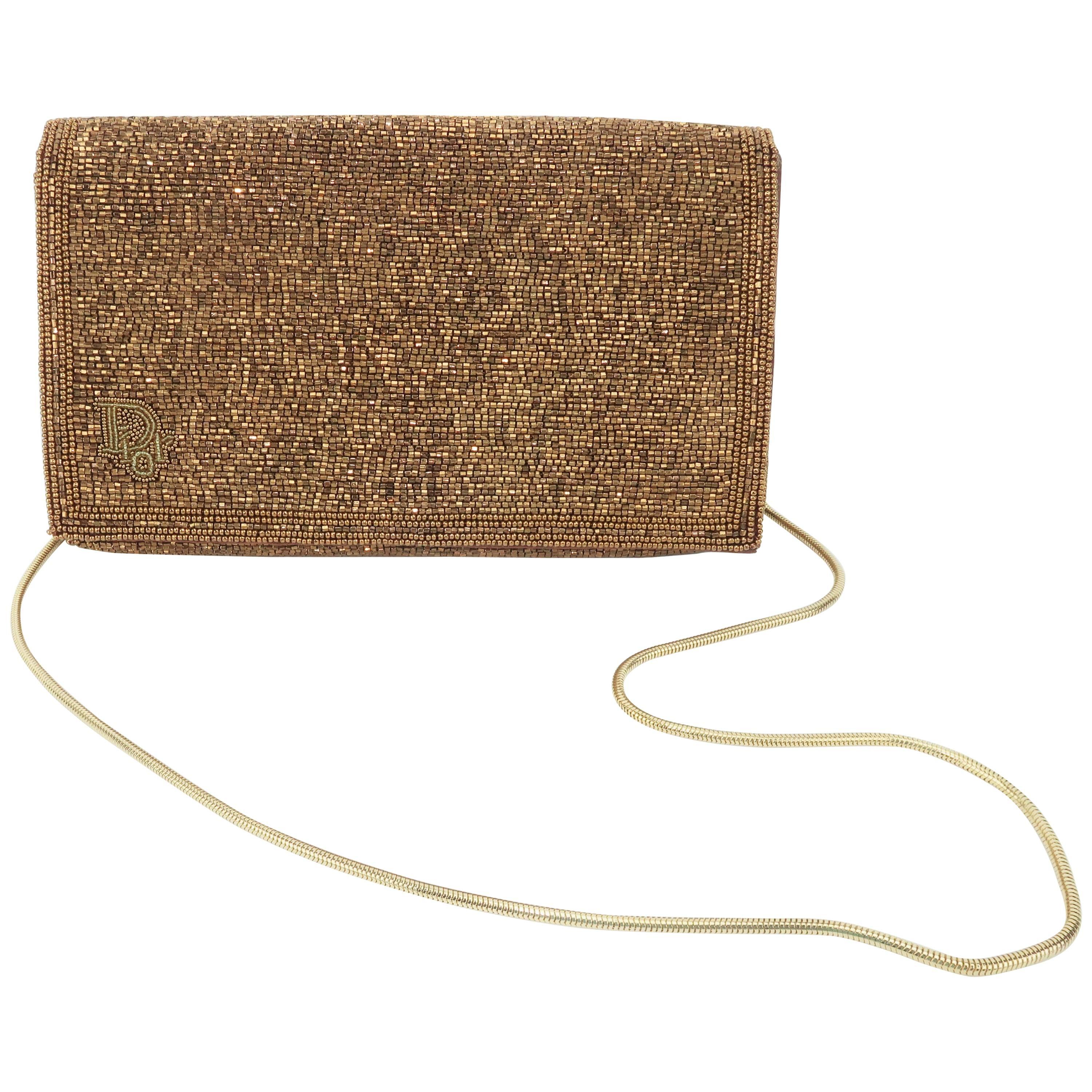 C.1980 Disco Glam Christian Dior Logo Copper Beaded Evening Handbag