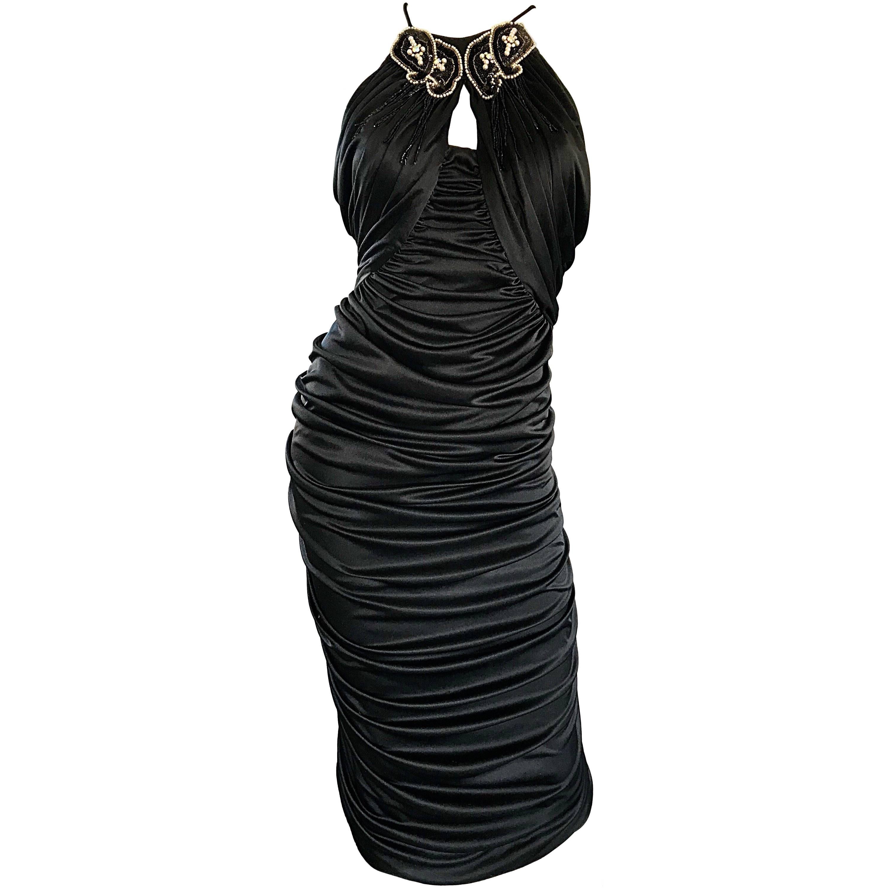 1980s Vintage Samir Negro con cuentas + perlas + diamantes de imitación Sexy Ruched 80s Vestido en venta