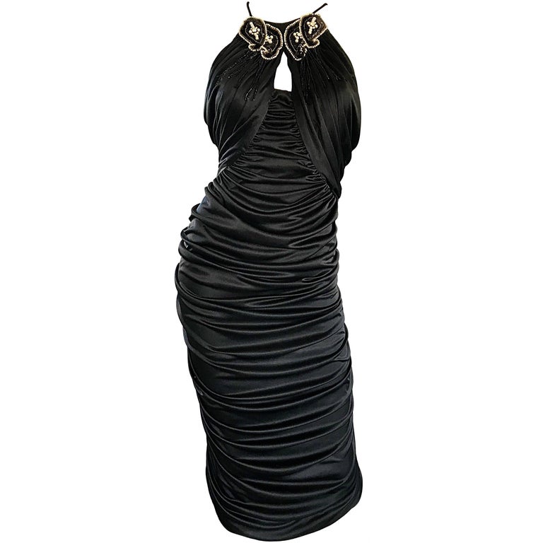 1980s Vintage Samir Black Beaded + Pearl + Rhinestone Sexy Ruched 80s Dress