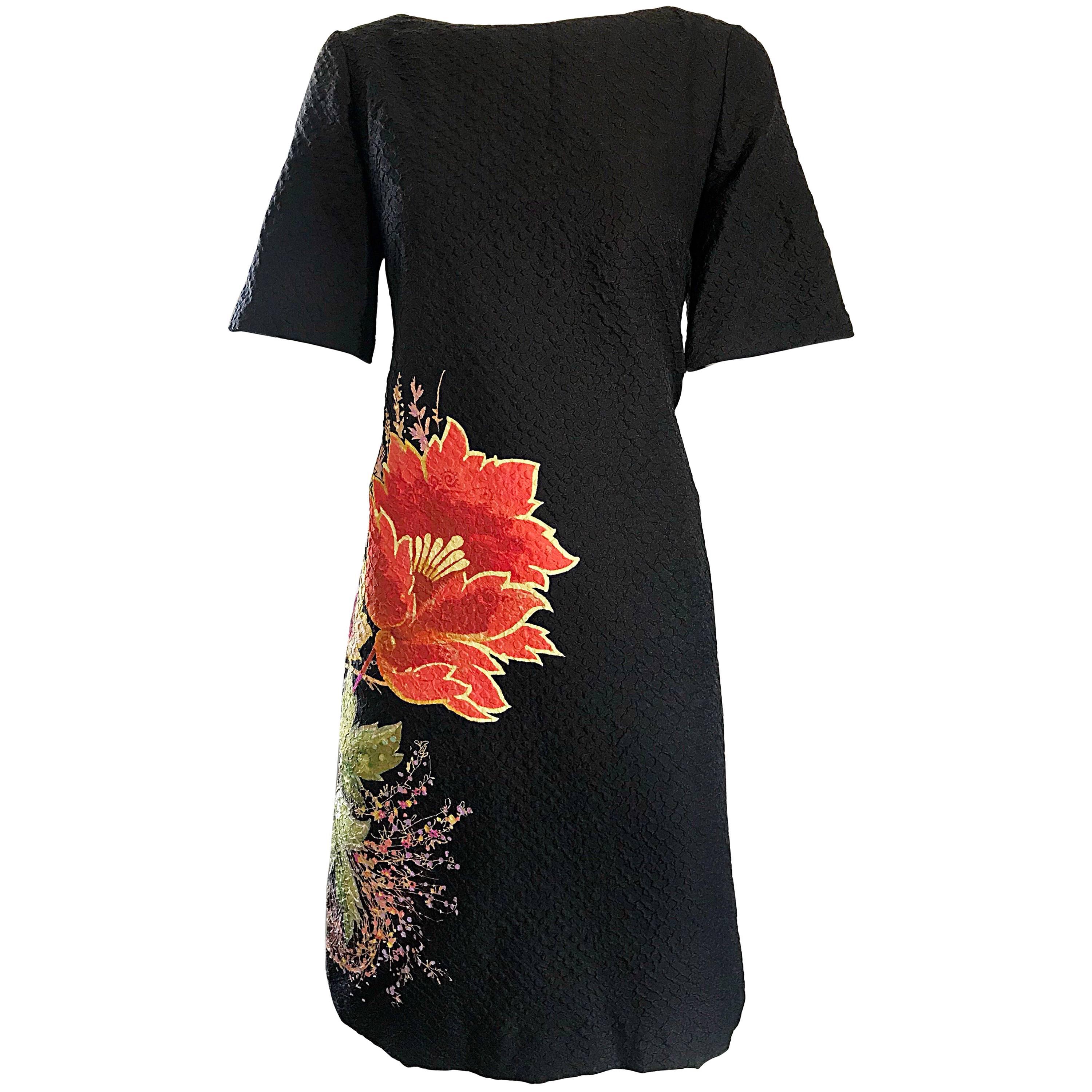 Vintage Etro 1990s Black Silk Size 40 Floral Print Short Sleeve 90s Shift Dress For Sale