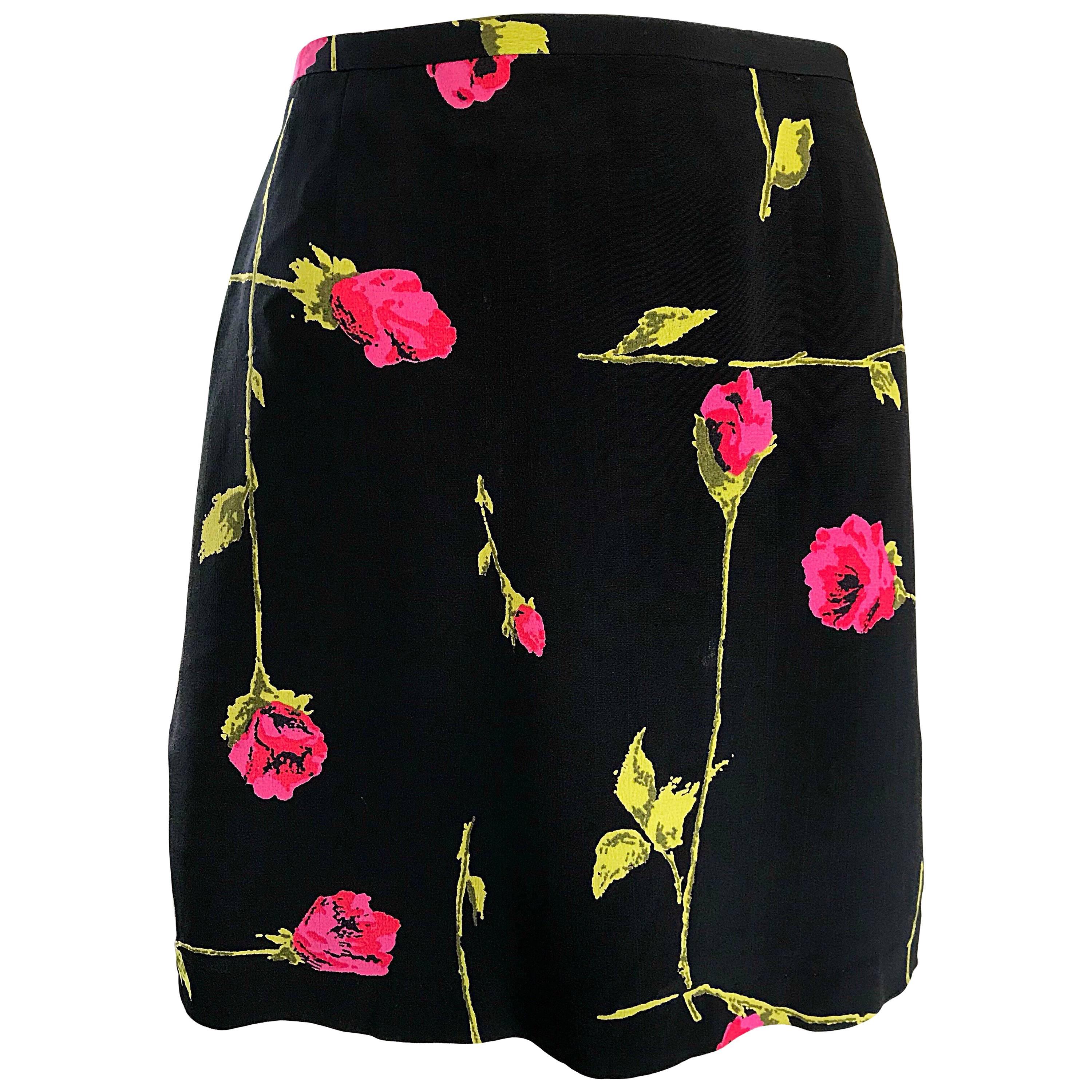 1990s Betsey Johnson Rose Print Hot Pink + Green + Black Vintage 90s Mini Skirt