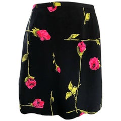 1990s Betsey Johnson Rose Print Hot Pink + Green + Black Retro 90s Mini Skirt