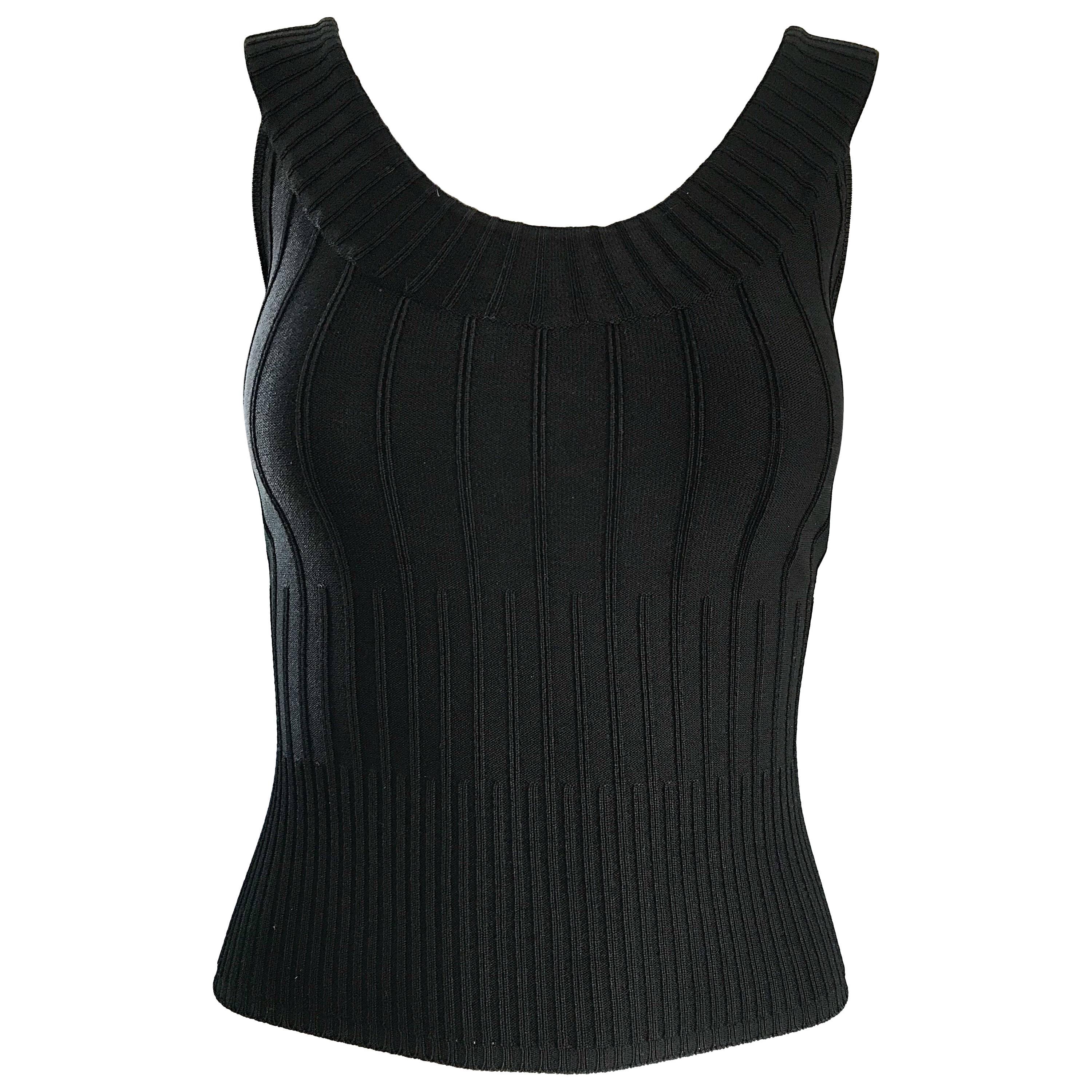 Thierry Mugler Couture 1990s Black Ribbed Sleeveless Vintage 90s Crop Top Shirt