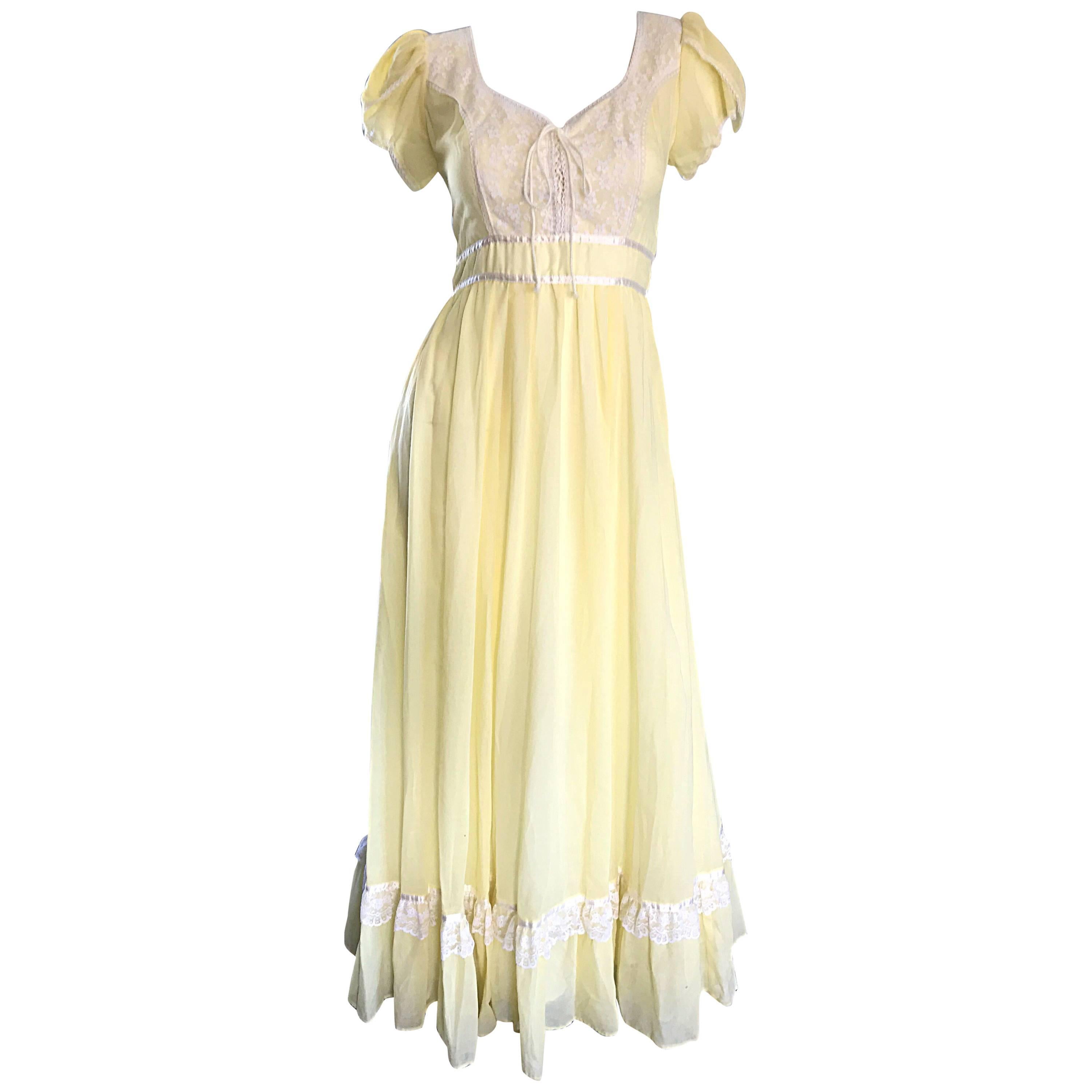 1970s Pale Yellow White Cotton Voile Pearl Encrusted Vintage 70s Boho Maxi Dress