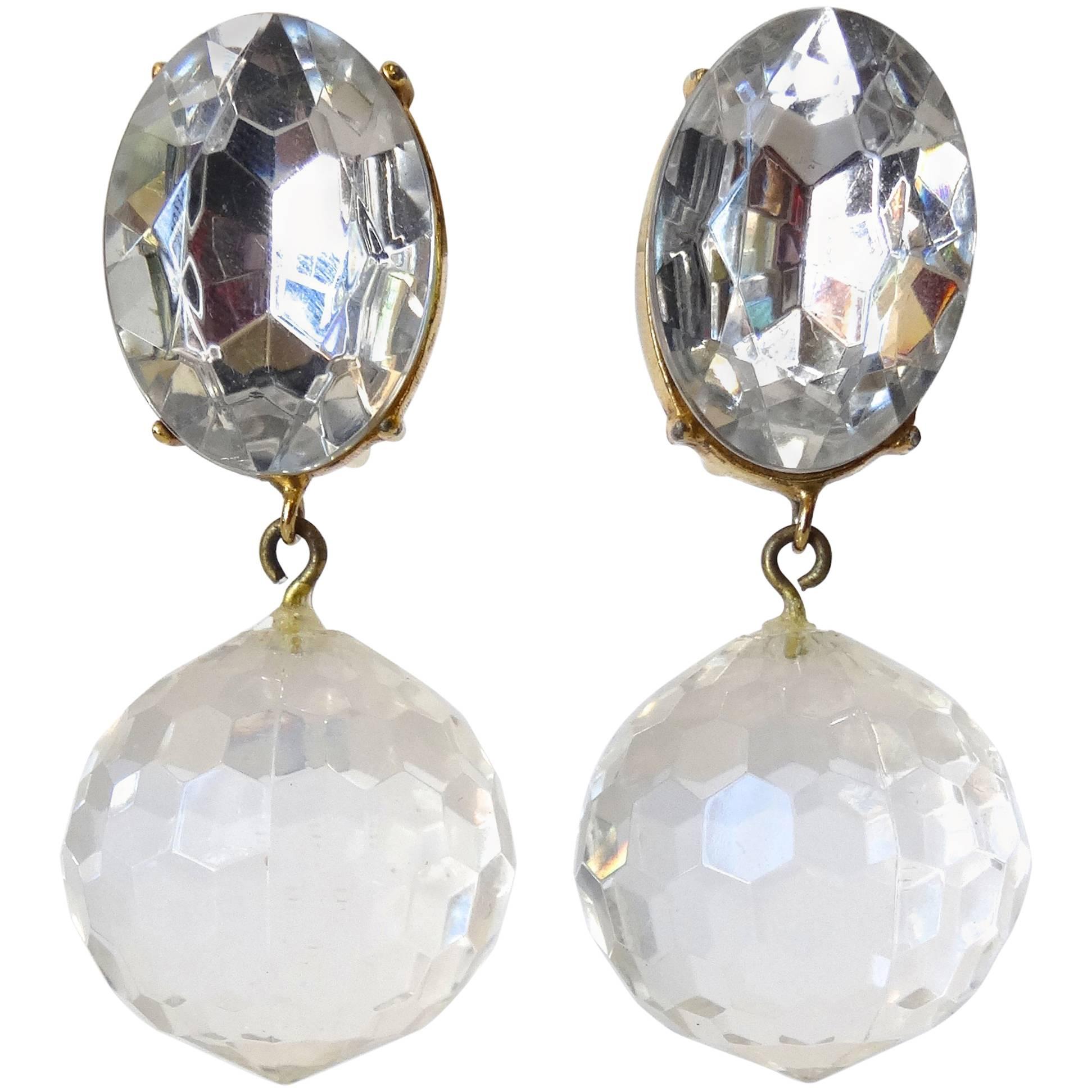 1980s Les Bernard Classy Crystal Orb Drop Earrings For Sale at 1stDibs