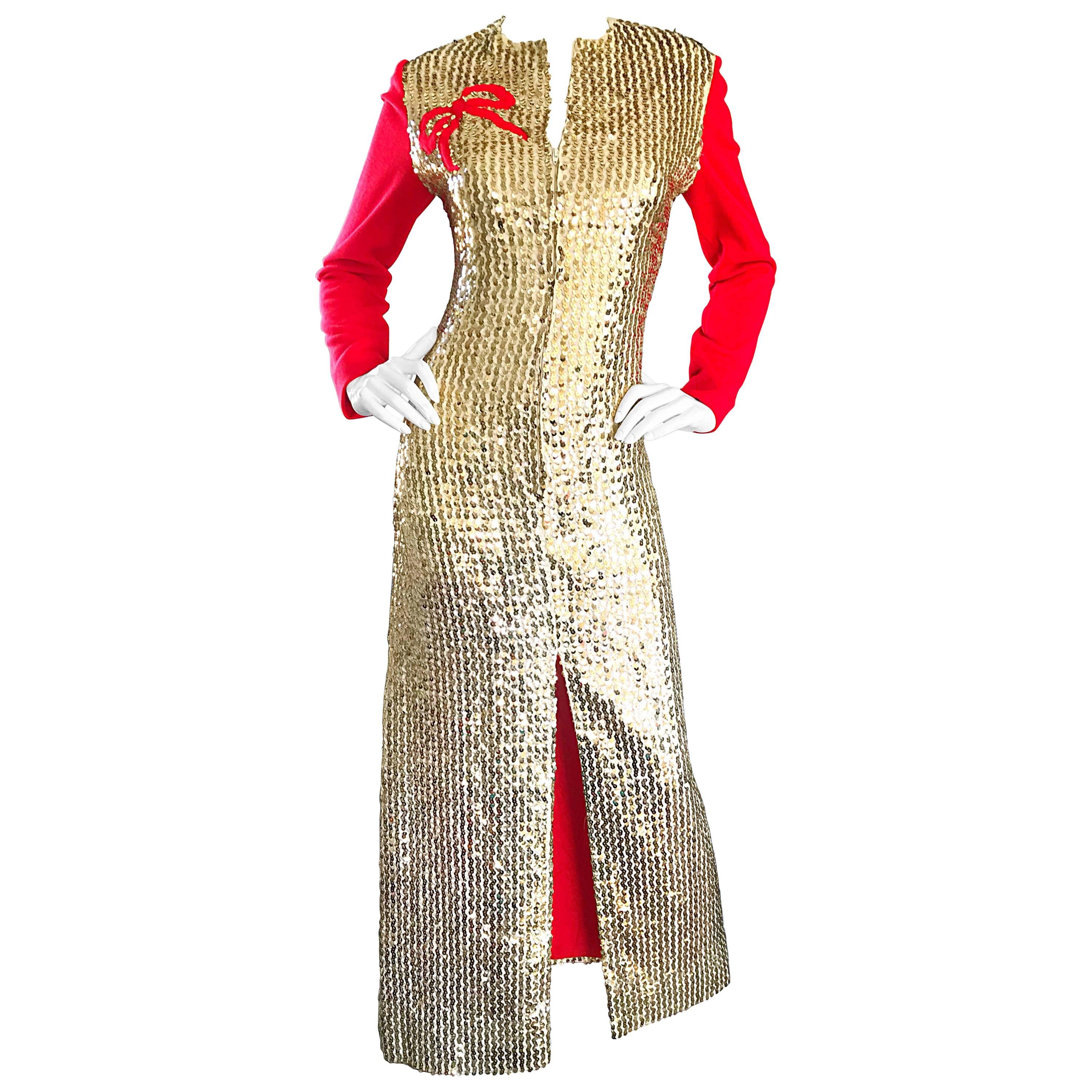 1960s Oscar de la Renta Gold and Red Ribbon Silk Sequin Vintage 60s Gown Dress