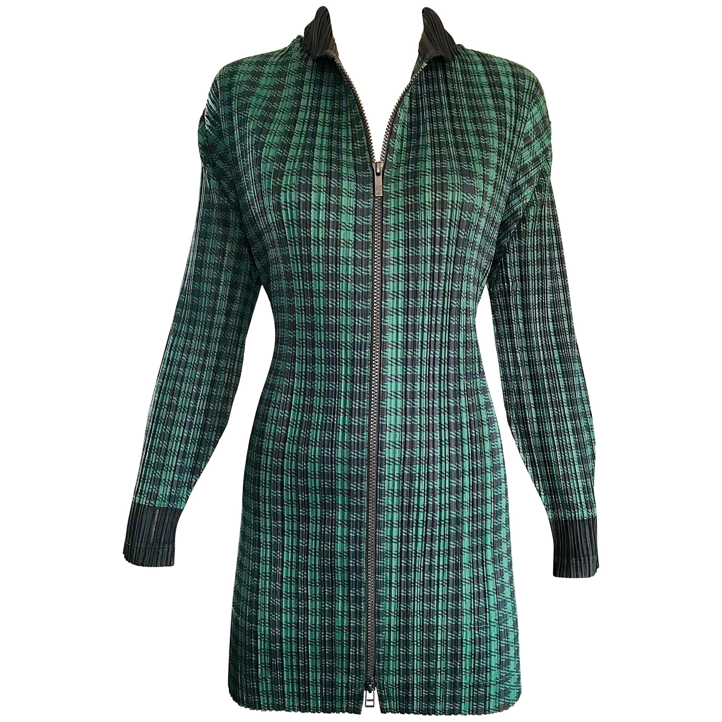 Vintage Issey Miyake Pleats Please 90s Green Black Checkered Jacket Mini Dress