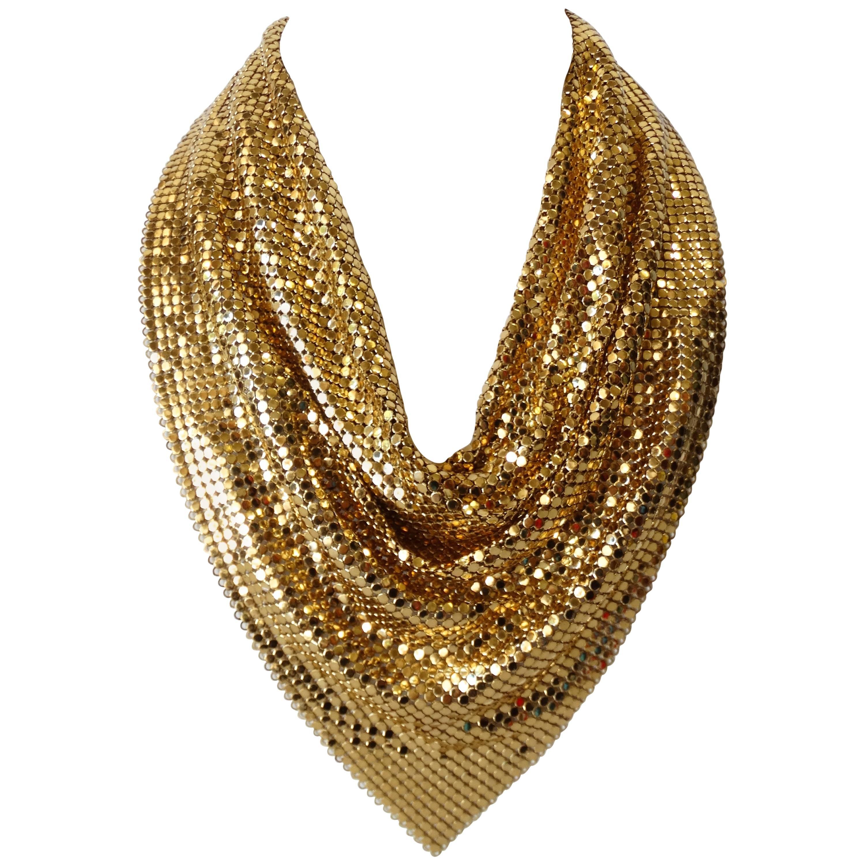 1970s Whiting & Davis Gold Bib Scarf Necklace 