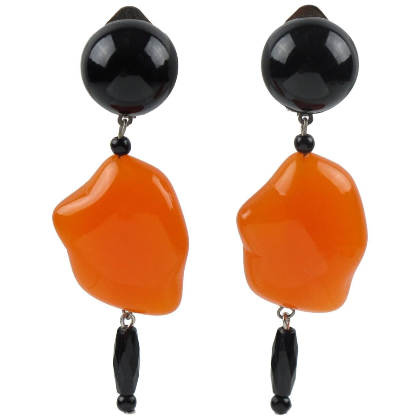 Angela Caputi Black & Orange Dangling Resin Clip On Earrings