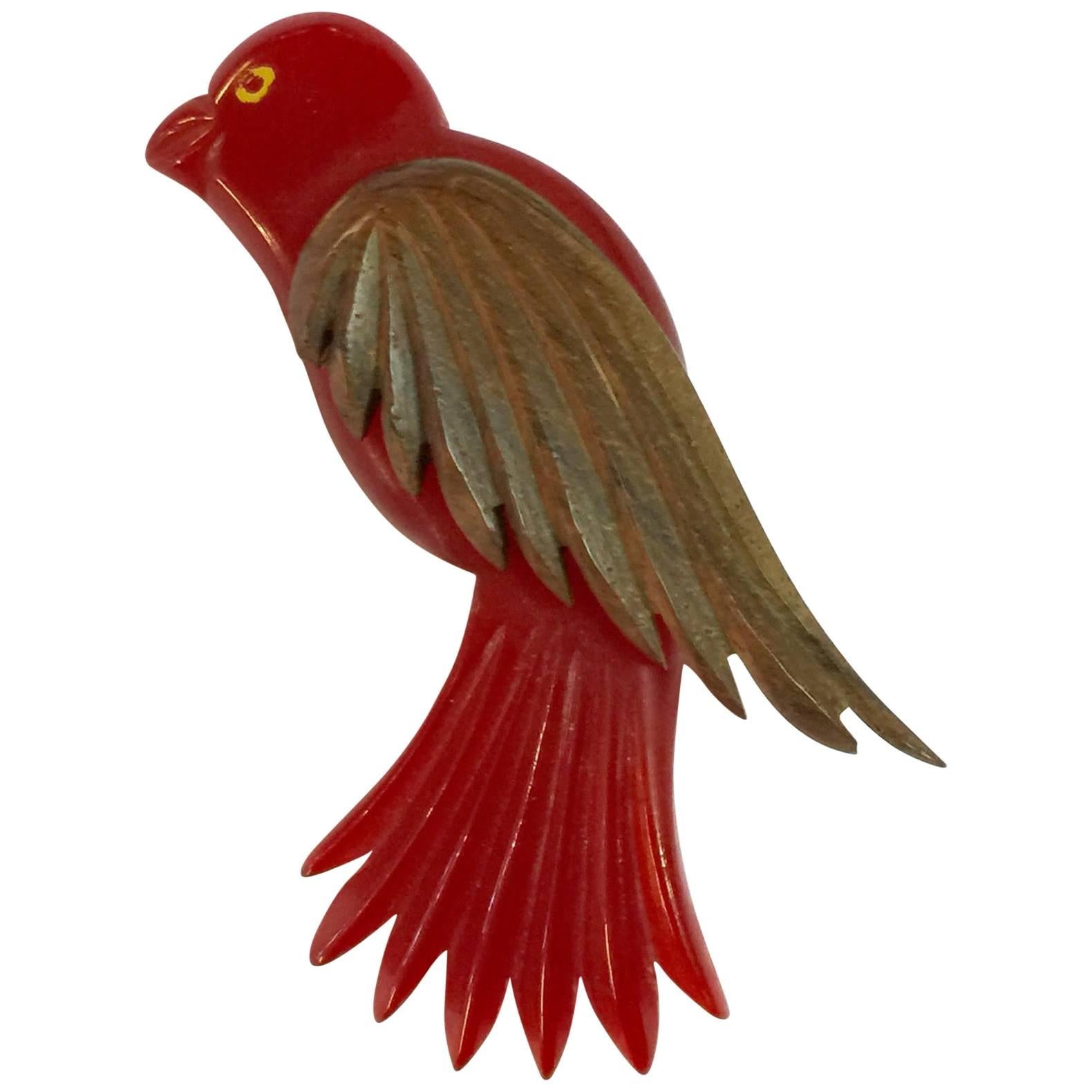 1930s Red Bakelite and Wood Laminated and Carved Bird Pin Brooch For Sale