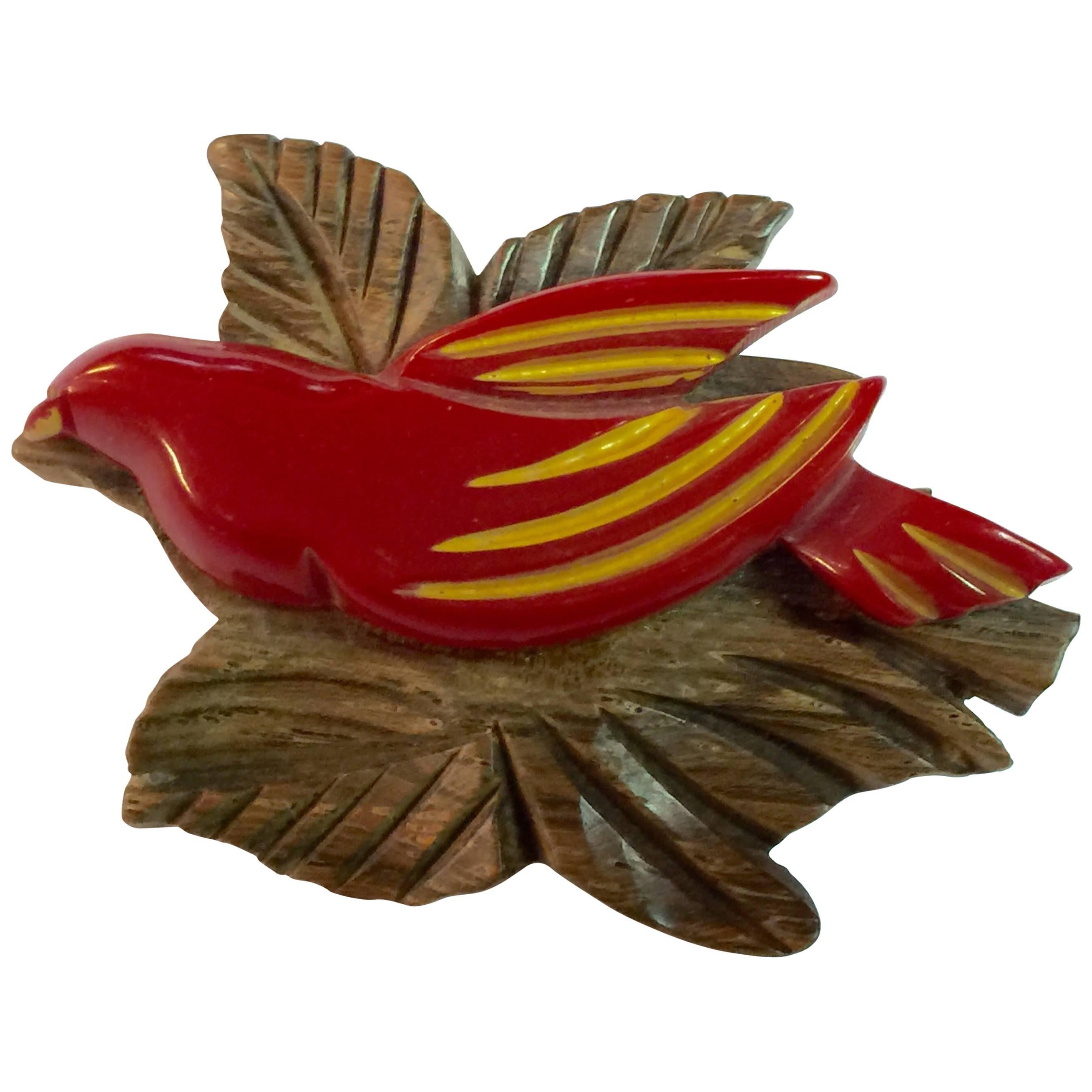 1930s Red Bakelite and Wood Laminated and Carved Bird Pin Brooch