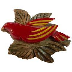1930s Red Bakelite and Wood Laminated and Carved Bird Pin Brooch