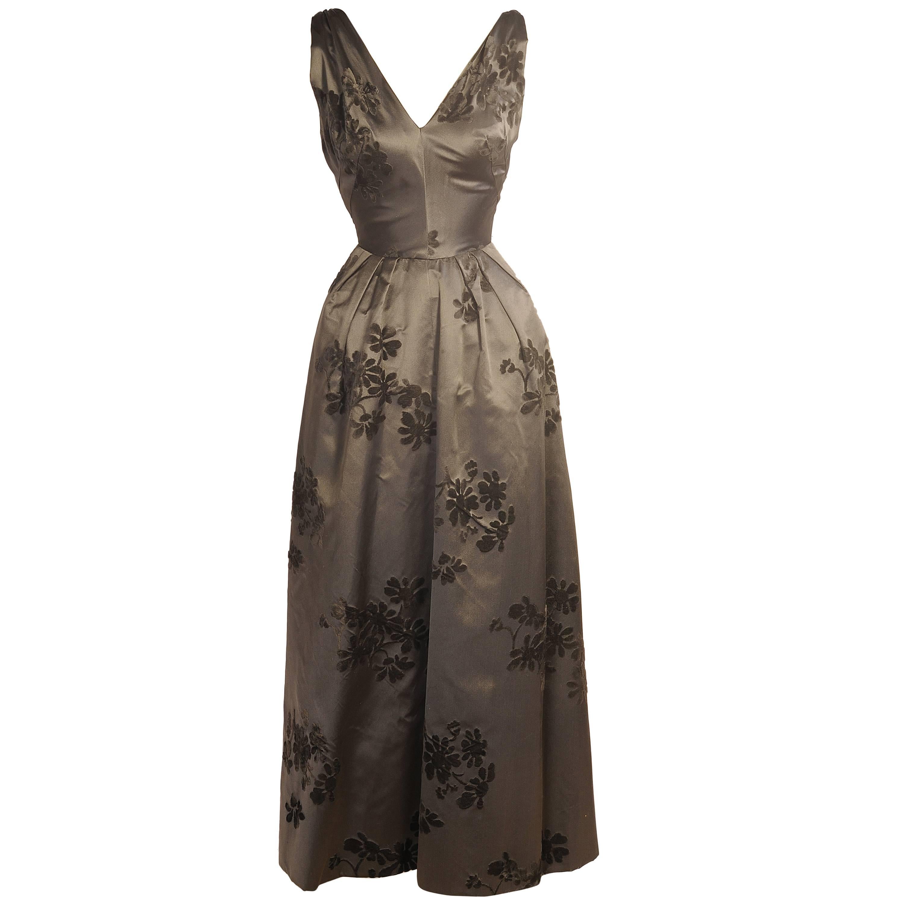 1950's Dior Inspired Charcoal Grey Silk Satin Gown Black Velvet Floral Motif