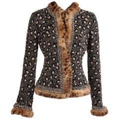 Oscar de la Renta Beaded Leopard Pattern Jacket with Stenciled Fur Trim